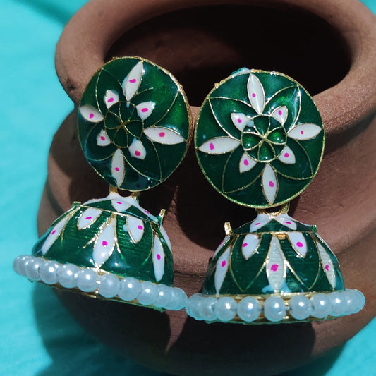 Vastradi Alloy Minakari White Beads Jhumki in Green Colour
