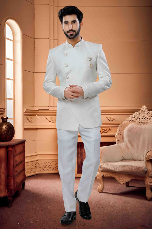White Colour Jodhpuri In Jacquard Fabric