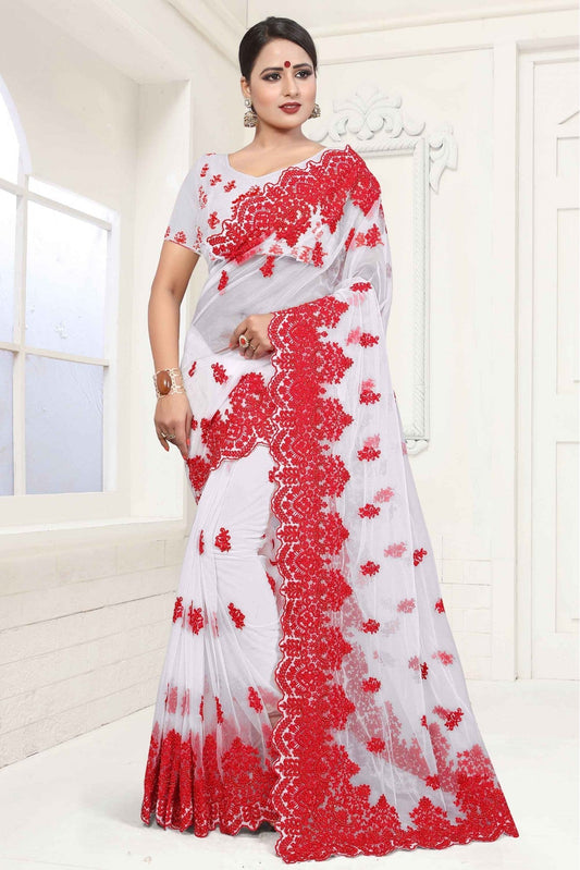 White Colour Net Designer Saree