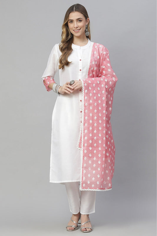 White Colour Plus Size Chiffon Printed Kurti Pant And Dupatta Set