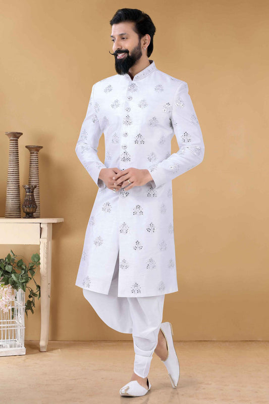 White Colour Silk Indo Western Sherwani
