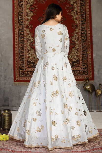 White Colour Taffeta Foil Print Gown