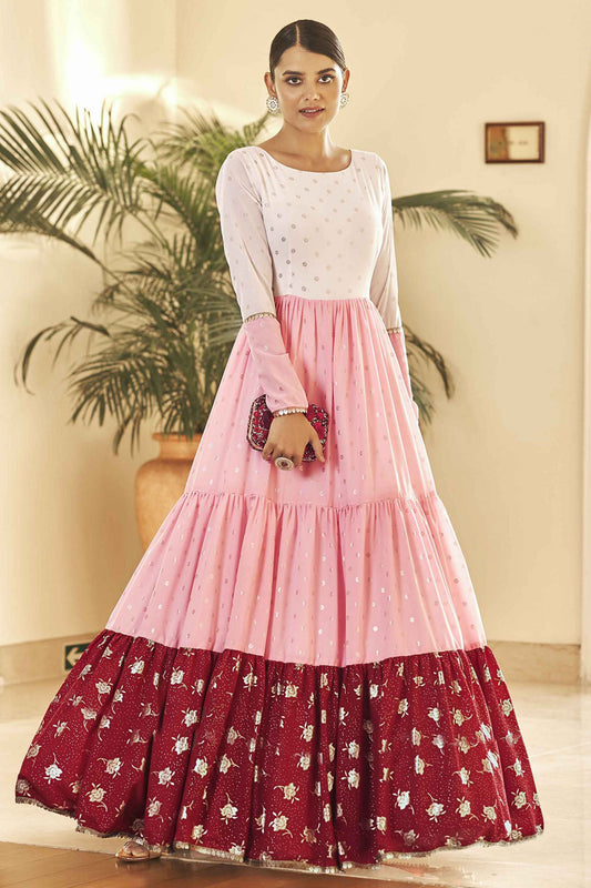 White and Pink Colour Georgette Foil Print Gown