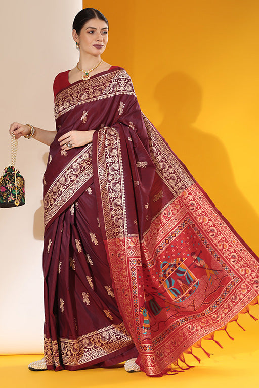 Wine Colour Handloom Raw Silk Traditional Saree