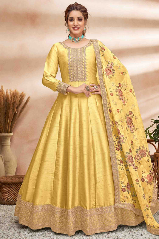 Yellow Colour Art Silk Semi Stitched Anarkali Suit