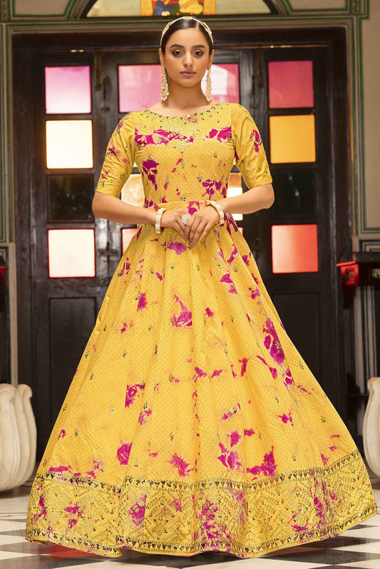 Yellow Colour Cotton Embroidery Gown