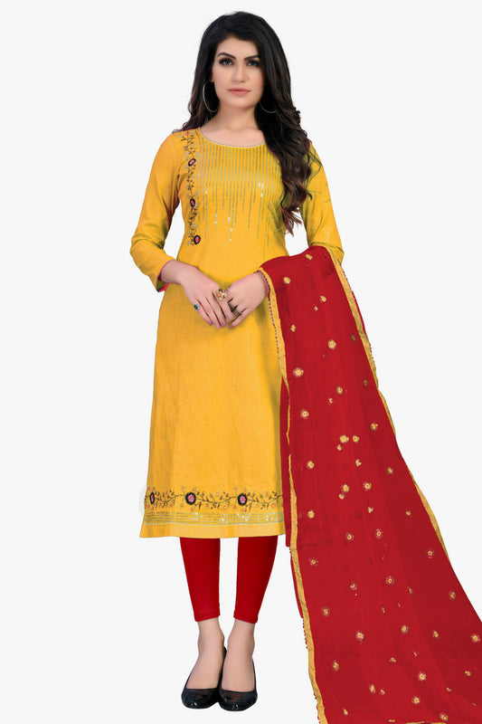 Yellow Colour Cotton Sequins Work Churidar Suit