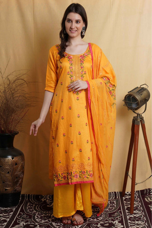 Yellow Colour Cotton Thread Work Palazzo Pant Suit