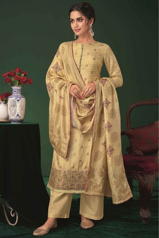 Yellow Colour Dola Silk Jacquard Printed Palazzo Pant Suit