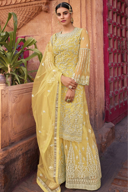 Yellow Colour Embroidered Net Sharara Suit