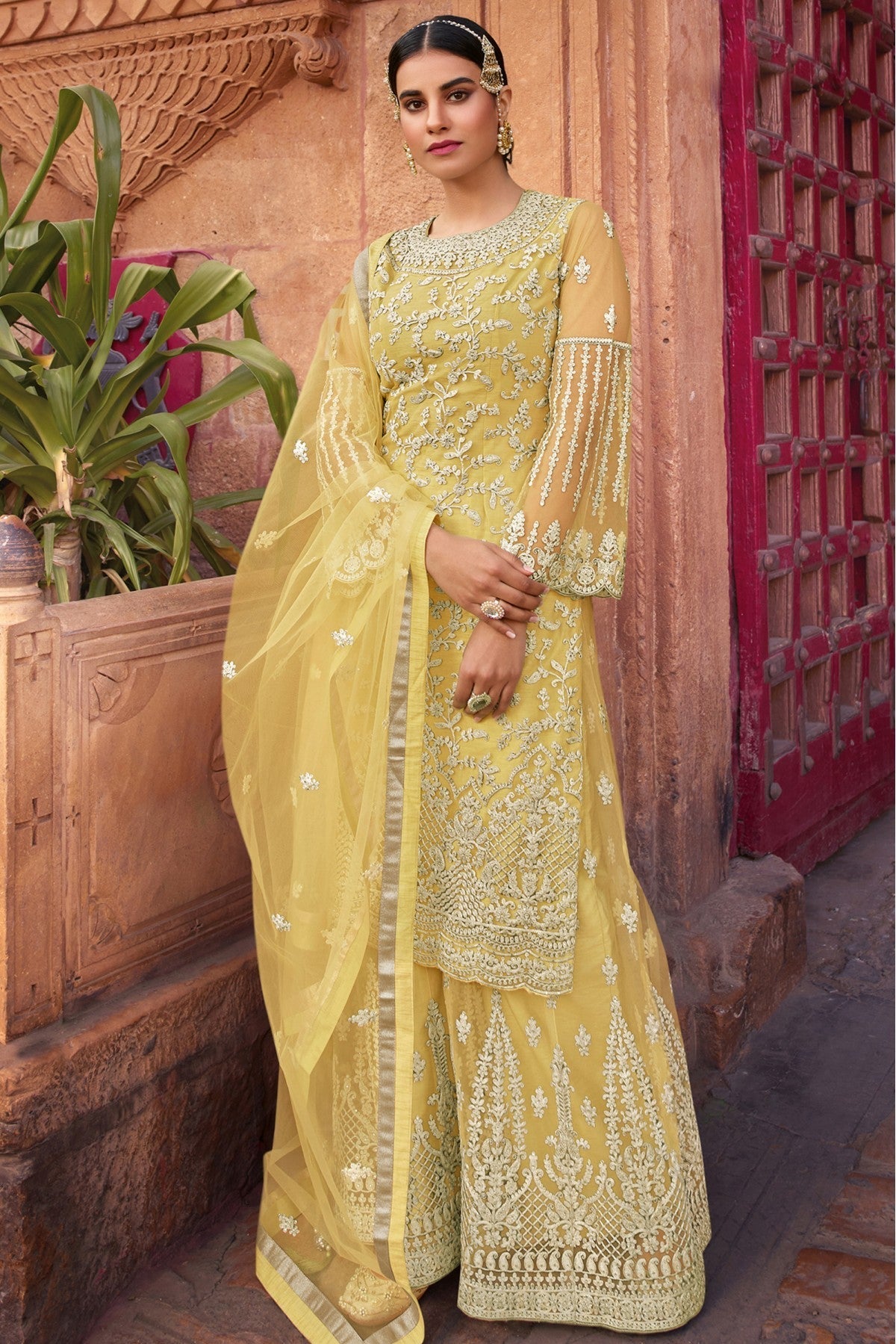 Yellow Colour Embroidered Net Sharara Suit