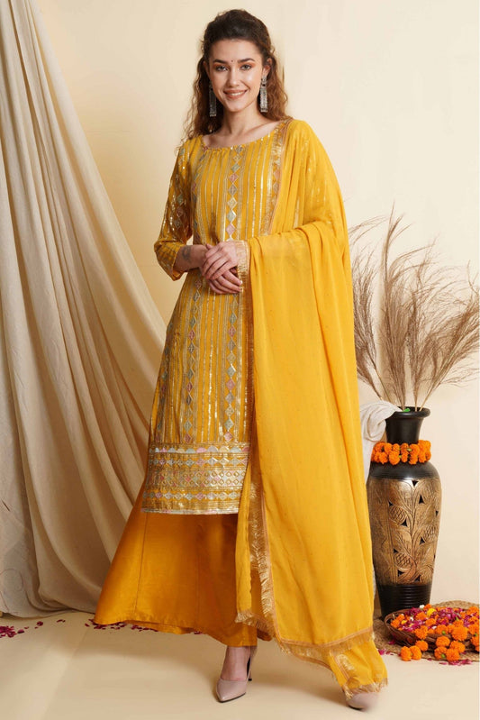 Yellow Colour Georgette Embroidery Palazzo Pant Suit