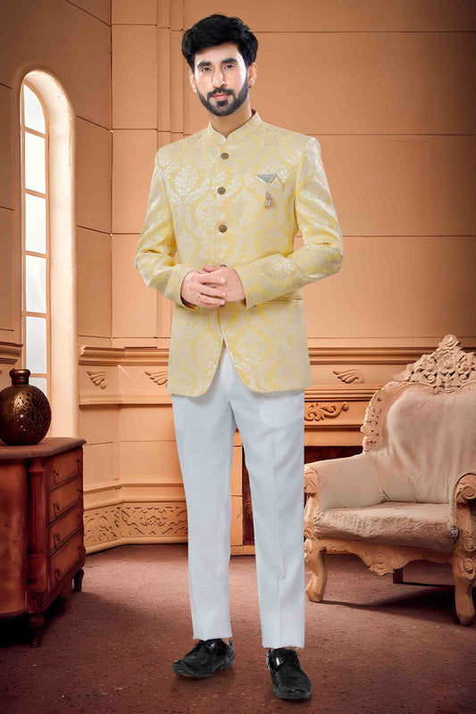 Yellow Colour Jodhpuri In Jacquard Fabric