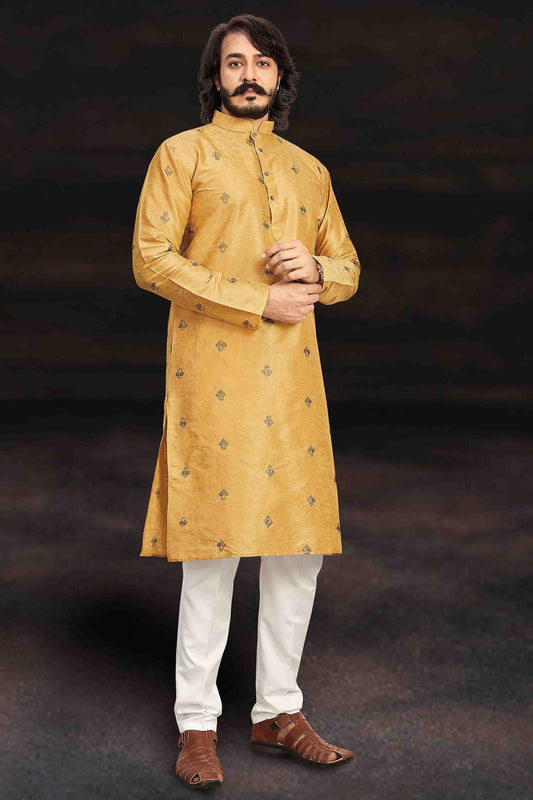 Yellow Colour Kurta Pajama In Art Silk