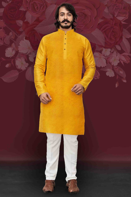 Yellow Colour Kurta Pajama In Art Silk