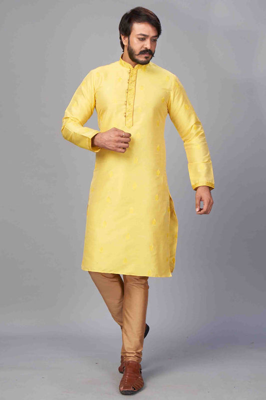 Yellow Colour Kurta Pajama In Jacquard Silk