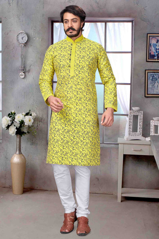 Yellow Colour Kurta Pajama In Jacquard Silk
