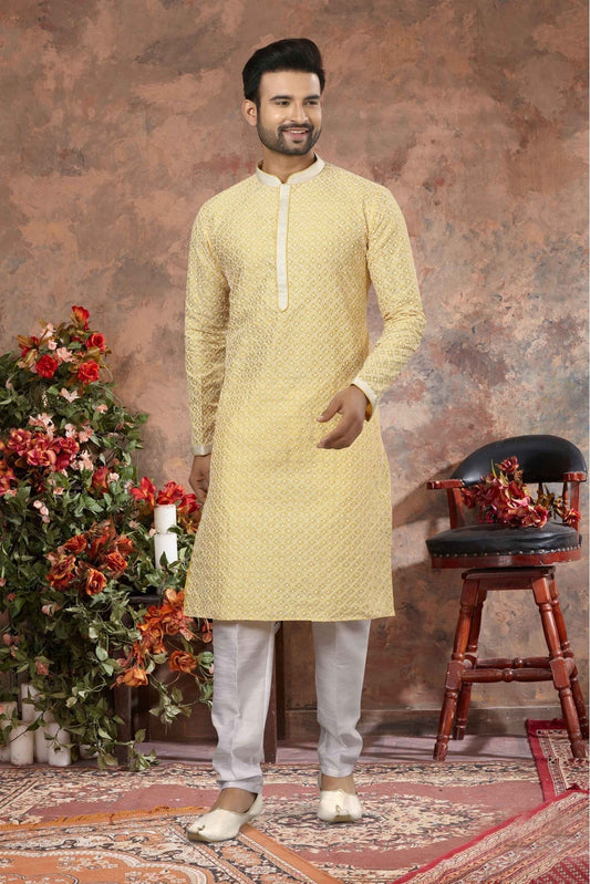Yellow Colour Kurta Pajama In Lucknowi Fabric