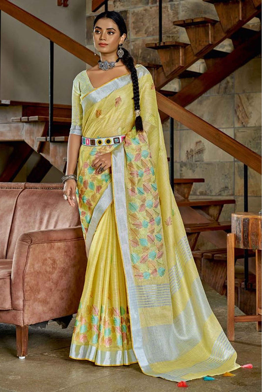 Yellow Colour Linen Printed Saree