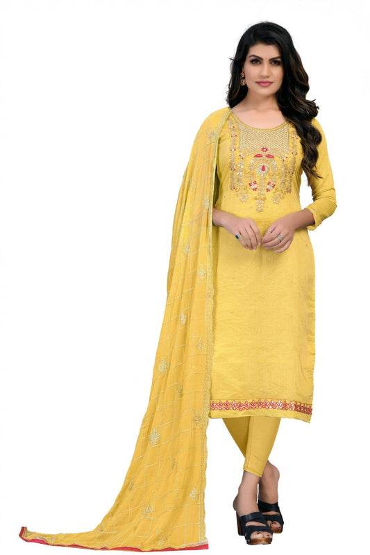 Yellow Colour Modal Chanderi Embroidery Churidar Suit
