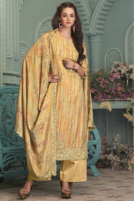 Yellow Colour Muslin Embroidery Palazzo Pant Suit