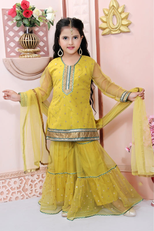 Yellow Colour Net Embroidery Sharara Suit
