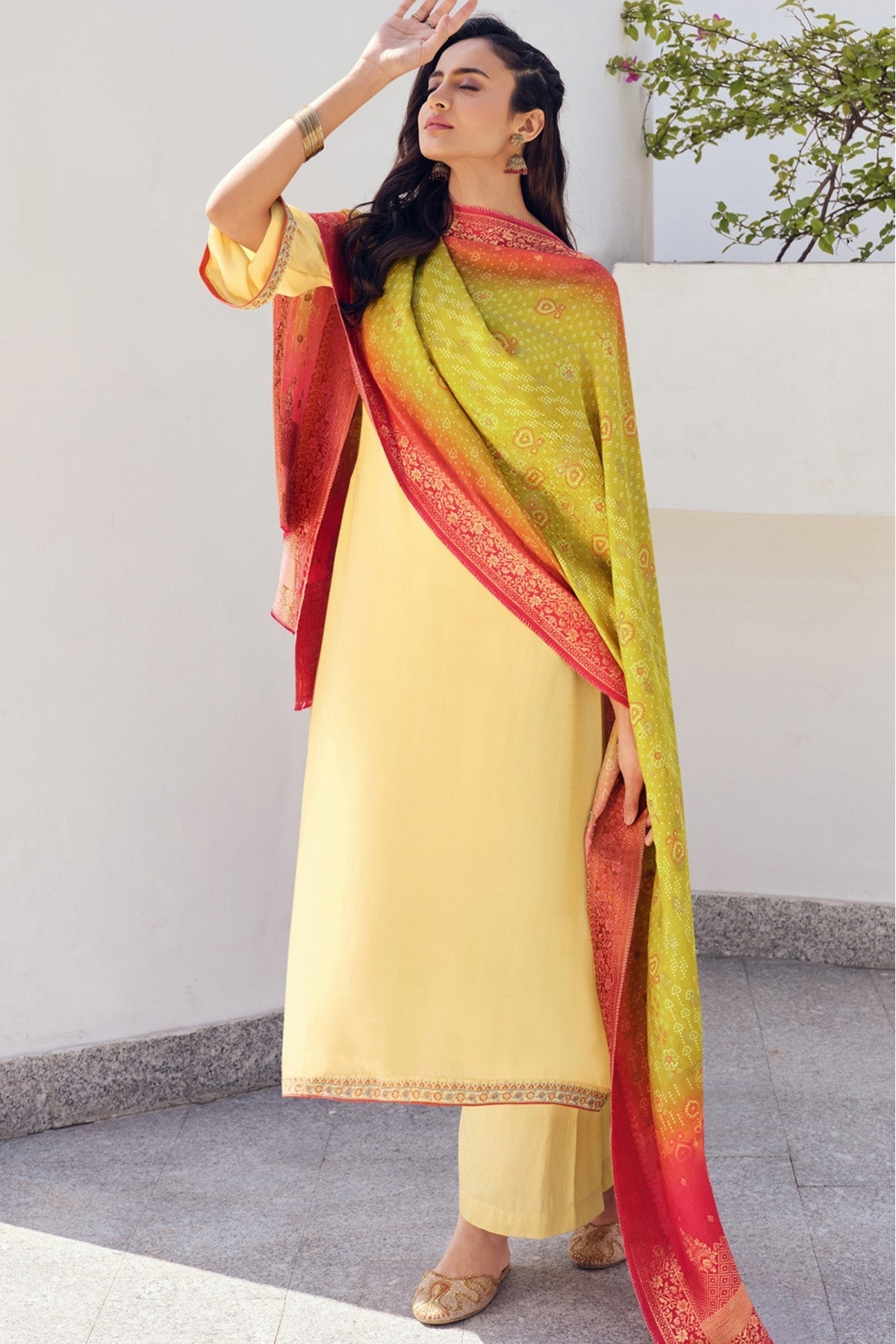 Yellow Colour Pure Silk Embroidery Palazzo Pant Suit