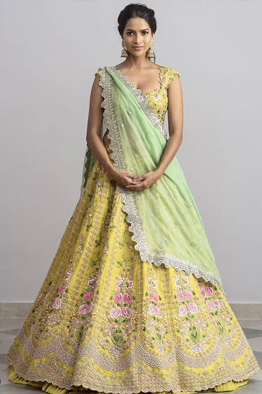 Yellow Colour Satin Silk Designer Lehenga Choli
