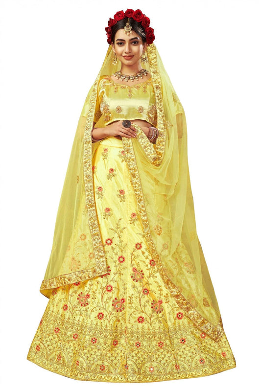 Yellow Colour Satin Silk Embroidery Lehenga Choli
