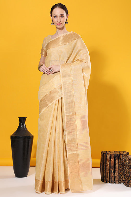 Yellow Colour Tissue Linen Traditional Saree