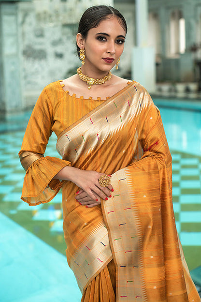Yellow Colour Tussar Silk Traditional Saree
