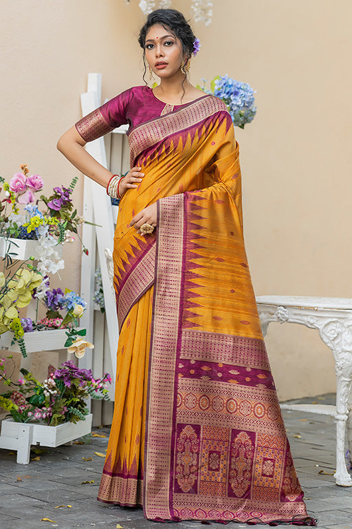 Yellow Colour Tussar Silk Traditional Saree