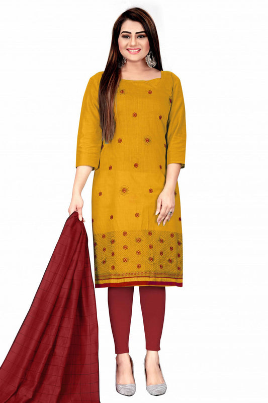Yellow Colour Unstitched Banarasi Cotton Thread Work Churidar Suit