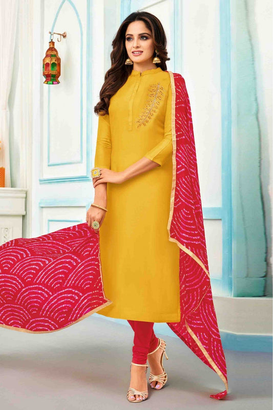 Yellow Colour Unstitched Chanderi Cotton Embroidery Churidar Suit