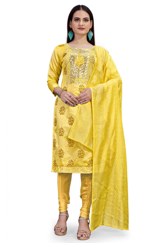 Yellow Colour Unstitched Chanderi Printed Churidar Suit