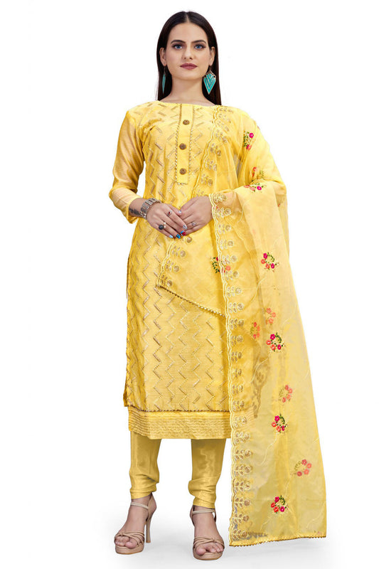 Yellow Colour Unstitched Chanderi Sequins Work Churidar Suit
