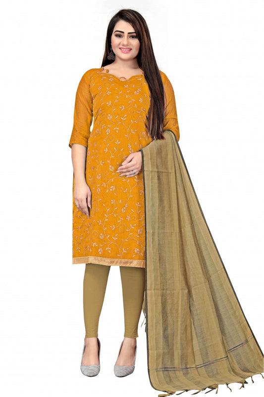 Yellow Colour Unstitched Chanderi Thread Work Churidar Suit