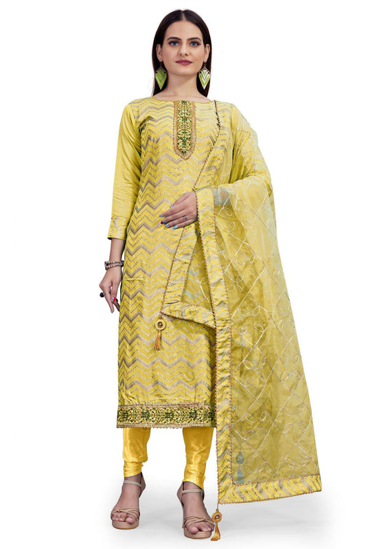 Yellow Colour Unstitched Chanderi Woven Churidar Suit