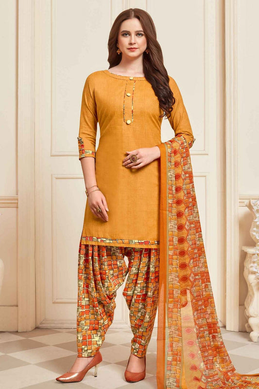 Yellow Colour Unstitched Cotton Printed Patiala Suit