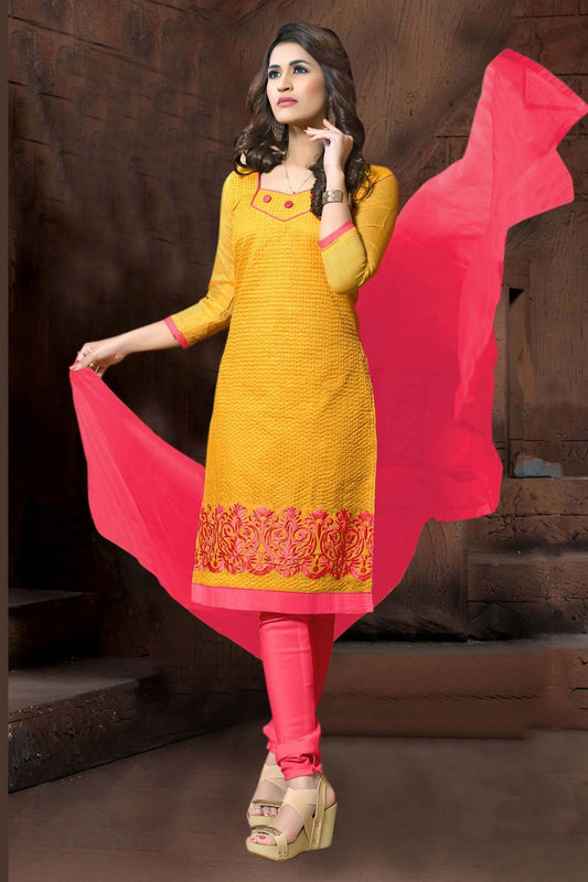 Yellow Colour Unstitched Modal Cotton Embroidery Churidar Suit