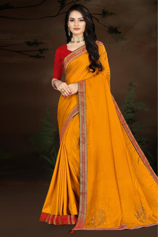 Yellow Colour Vichitra Silk Saree In Lace Work
