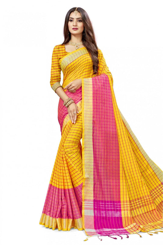 Yellow and Pink Colour Cotton Silk Woven Saree